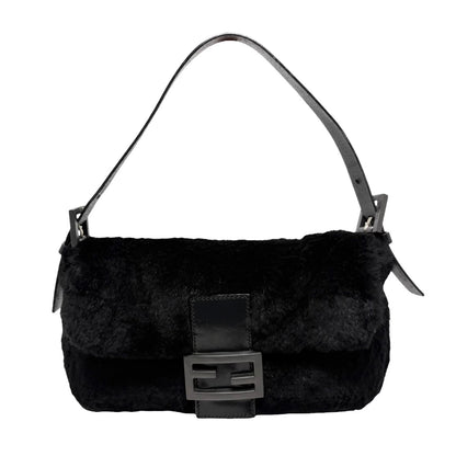 [Exclusive] FENDI Vintage FF Logo Mamma Baguette Fur Bag Black Leather 800004