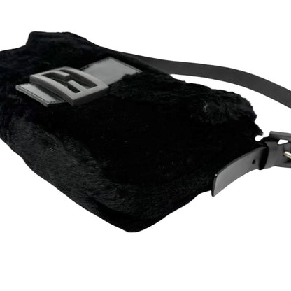 [Exclusive] FENDI Vintage FF Logo Mamma Baguette Fur Bag Black Leather 800004