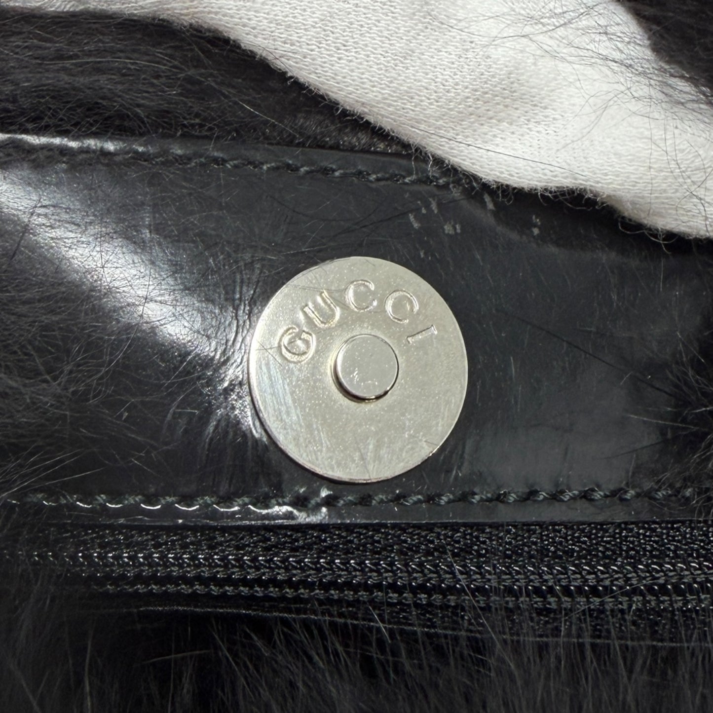 [Exclusive] GUCCI Vintage Mink Fur Mini Bag Pochette Black Silver Satin 800204