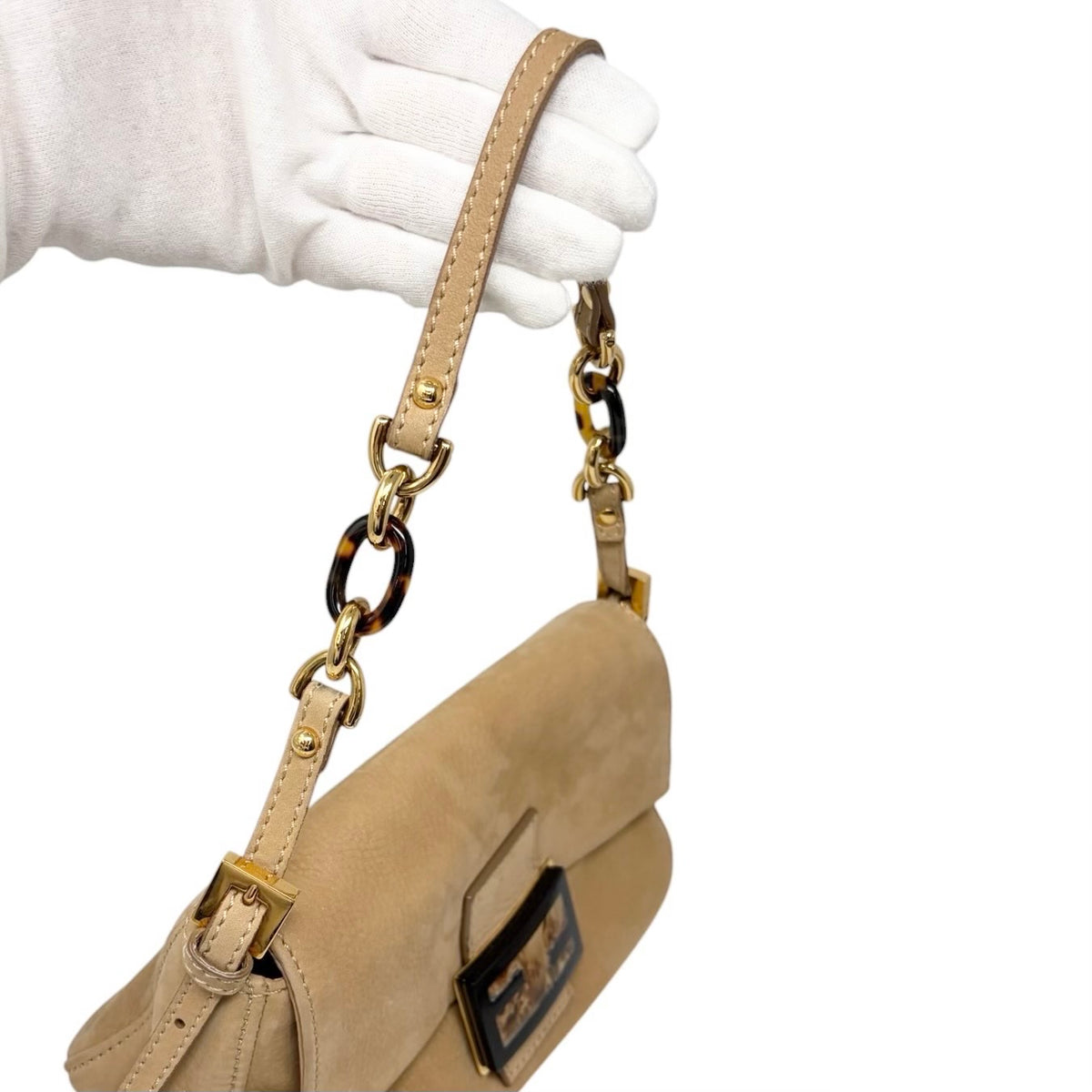 [Exclusive] FENDI Vintage FF Mamma Baguette Glitter Bag Leather Beige 800111