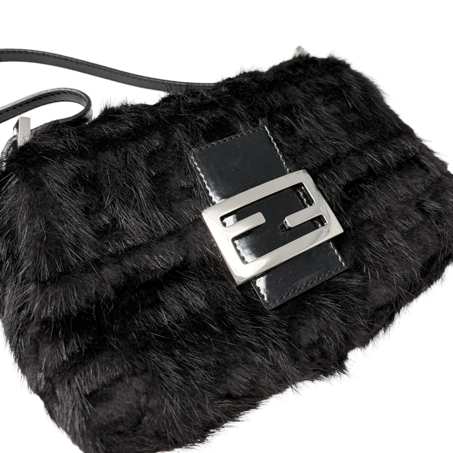 [Exclusive] FENDI Vintage Zucca Monogram Fur Mamma Baguette Bag Black 800296