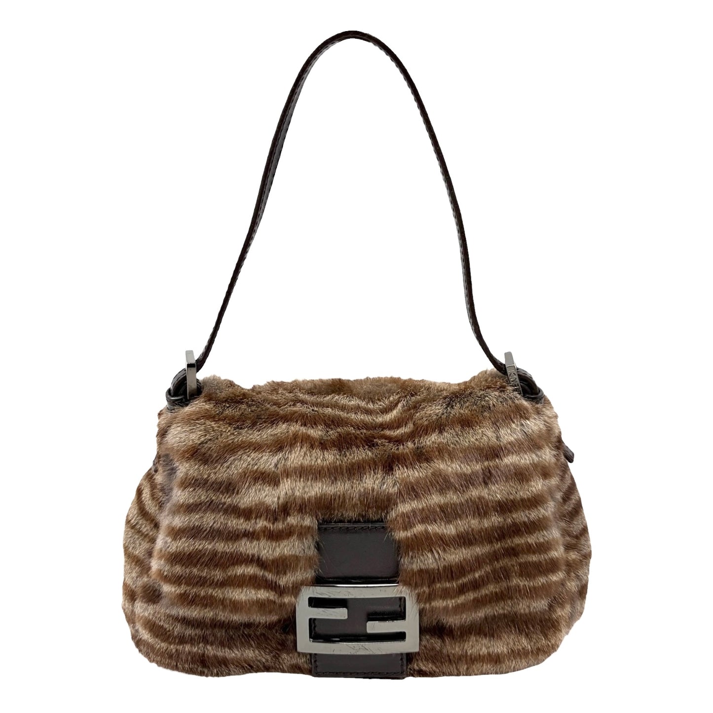 [Exclusive] FENDI Vintage FF Mamma Baguette Fur Bag Brown Silver Leather 800201