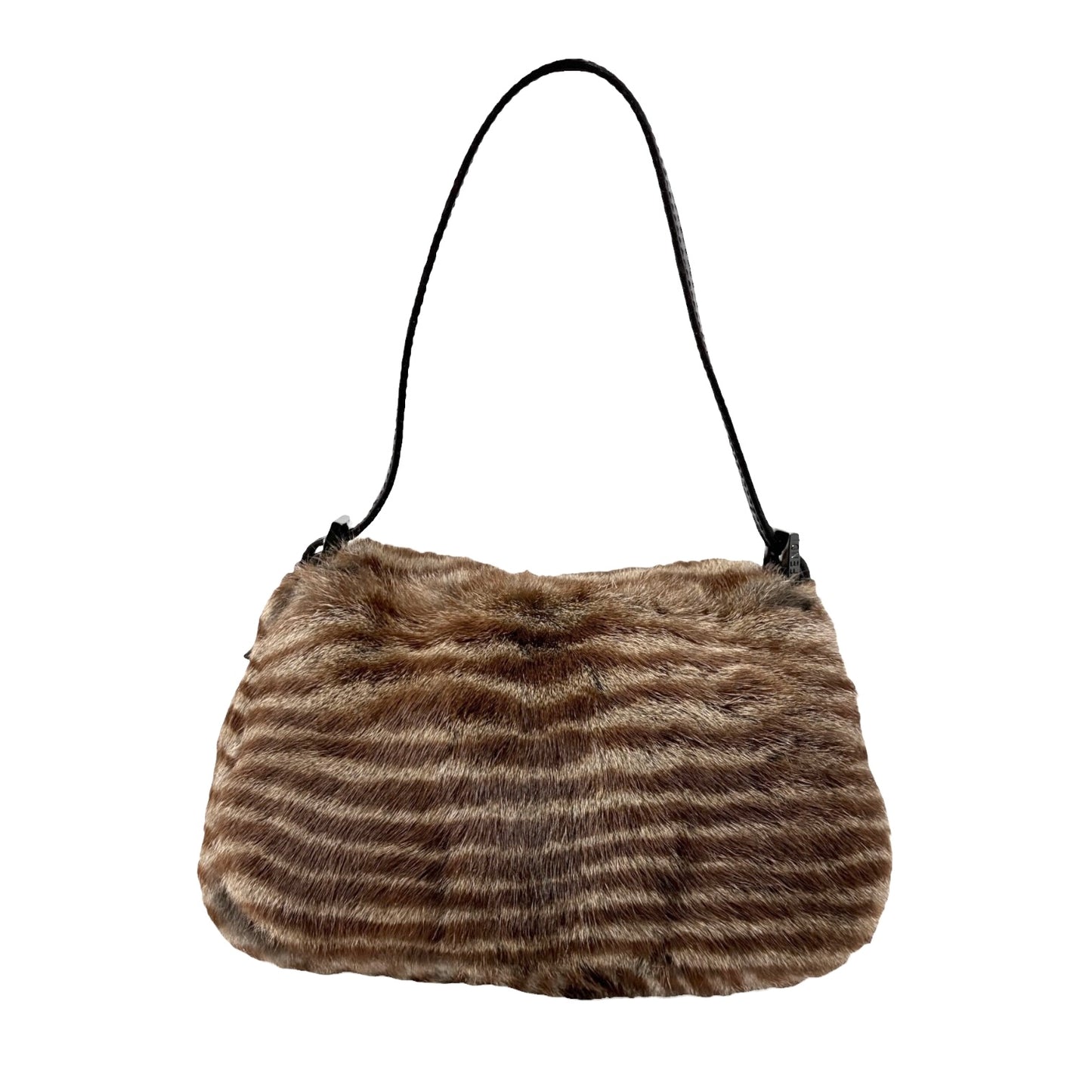 [Exclusive] FENDI Vintage FF Mamma Baguette Fur Bag Brown Silver Leather 800201