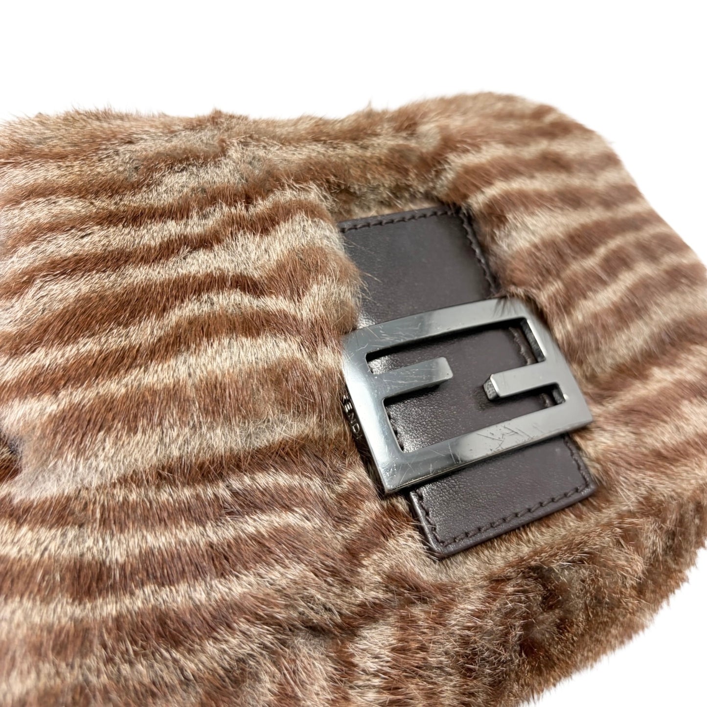 [Exclusive] FENDI Vintage FF Mamma Baguette Fur Bag Brown Silver Leather 800201