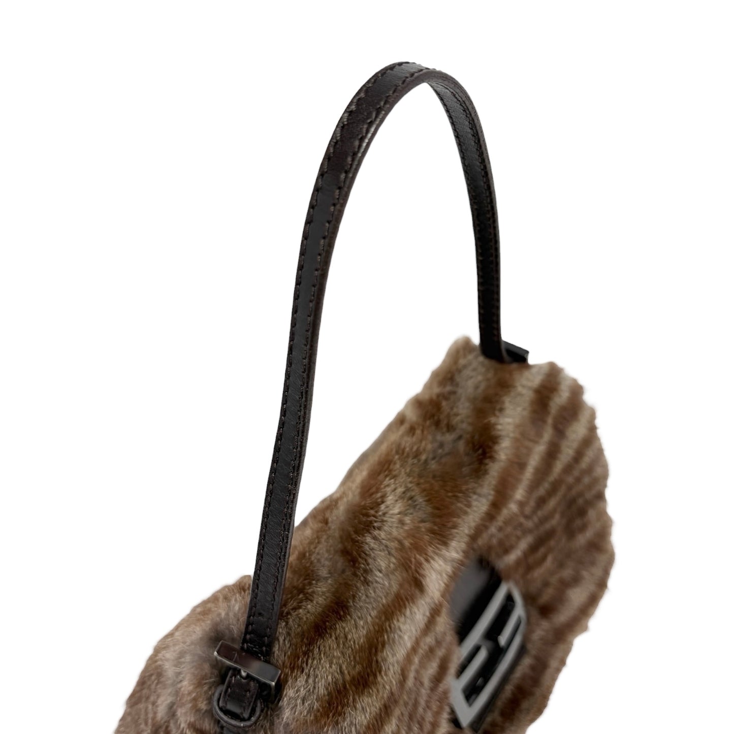 [Exclusive] FENDI Vintage FF Mamma Baguette Fur Bag Brown Silver Leather 800201