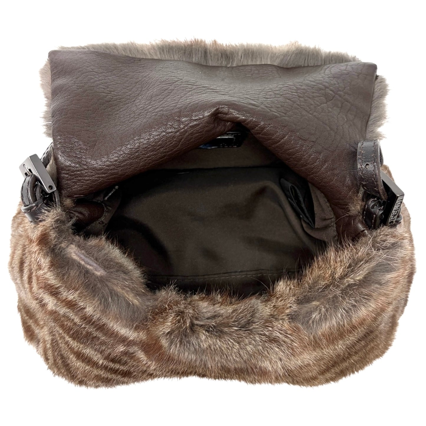 [Exclusive] FENDI Vintage FF Mamma Baguette Fur Bag Brown Silver Leather 800201