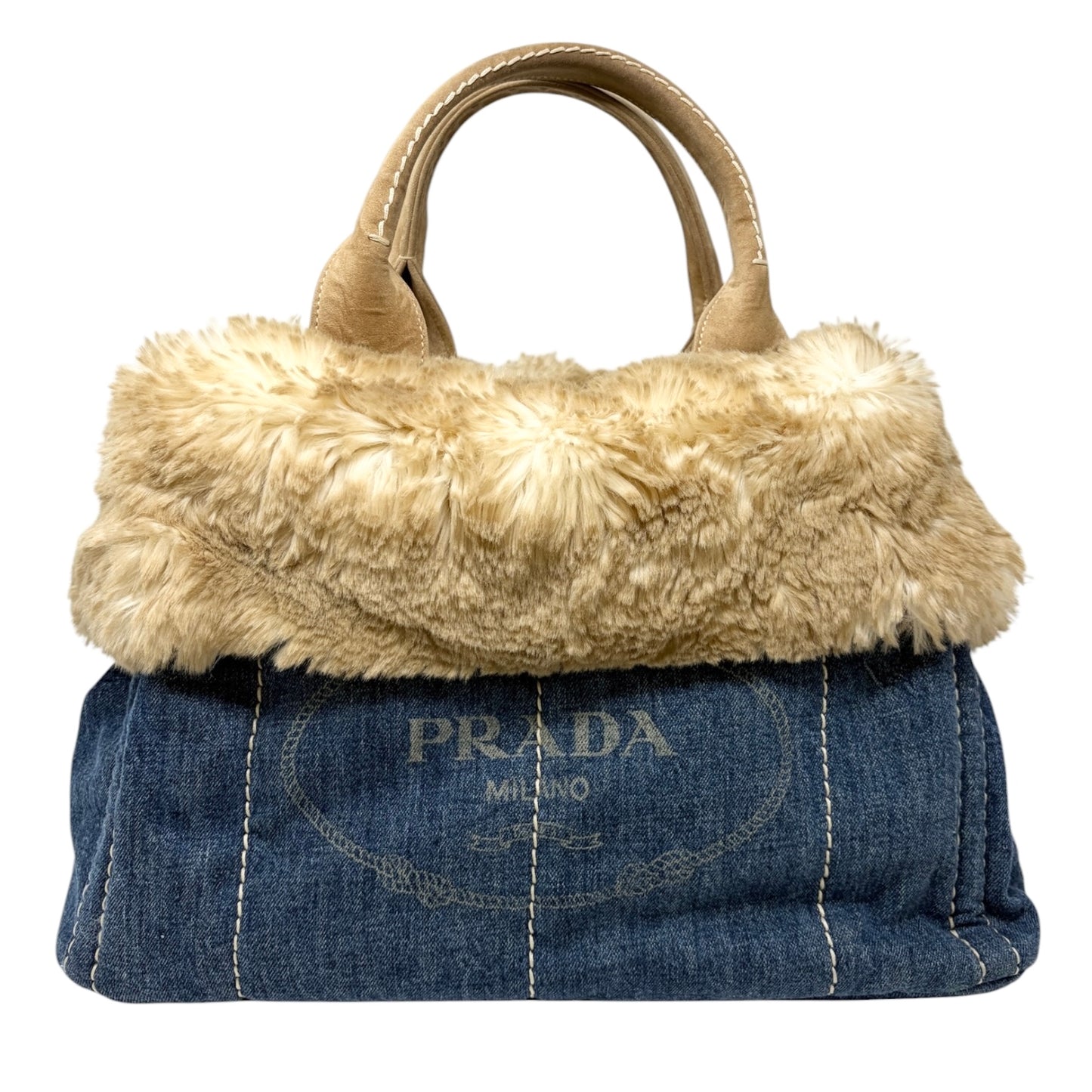 [Exclusive] PRADA Vintage Canapa Big Logo Denim Tote Bag Blue Cream 800295