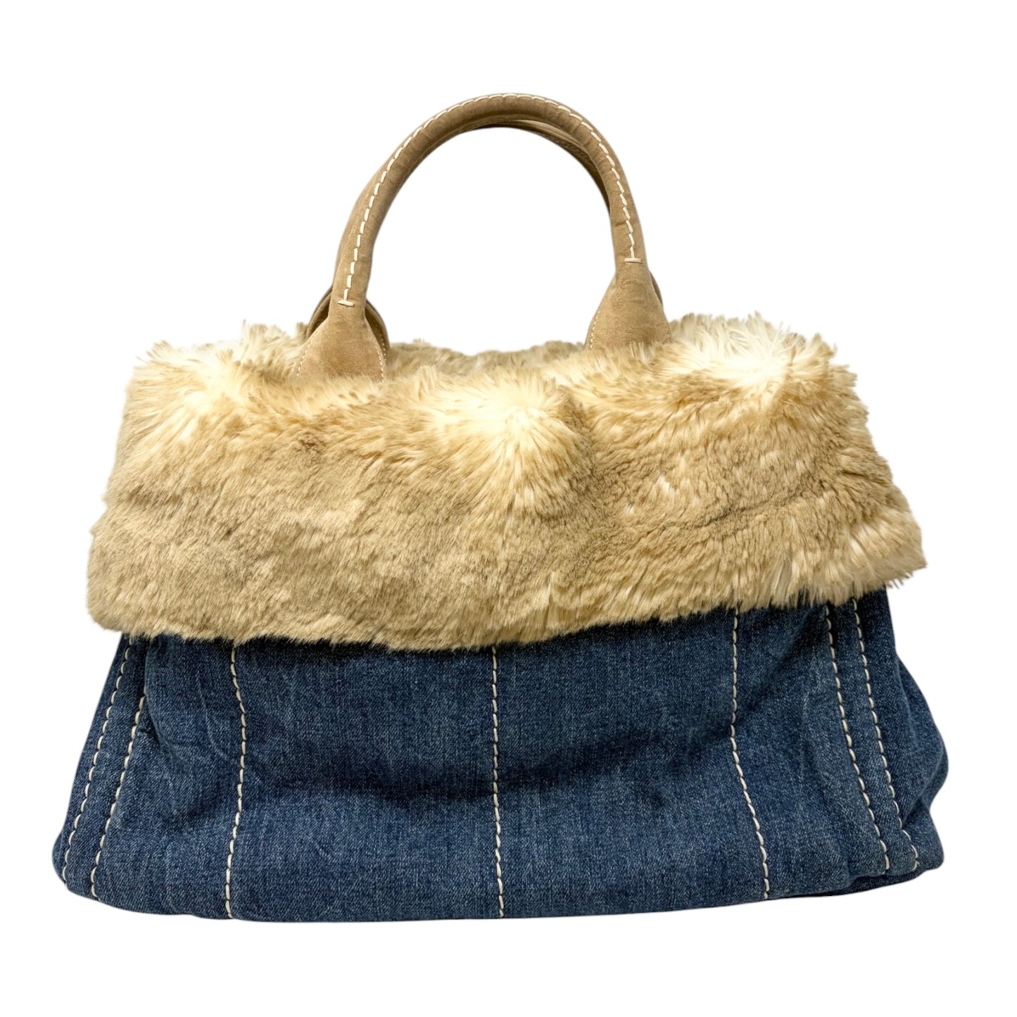 [Exclusive] PRADA Vintage Canapa Big Logo Denim Tote Bag Blue Cream 800295