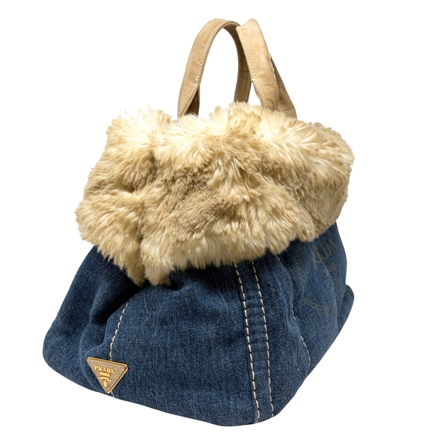 [Exclusive] PRADA Vintage Canapa Big Logo Denim Tote Bag Blue Cream 800295