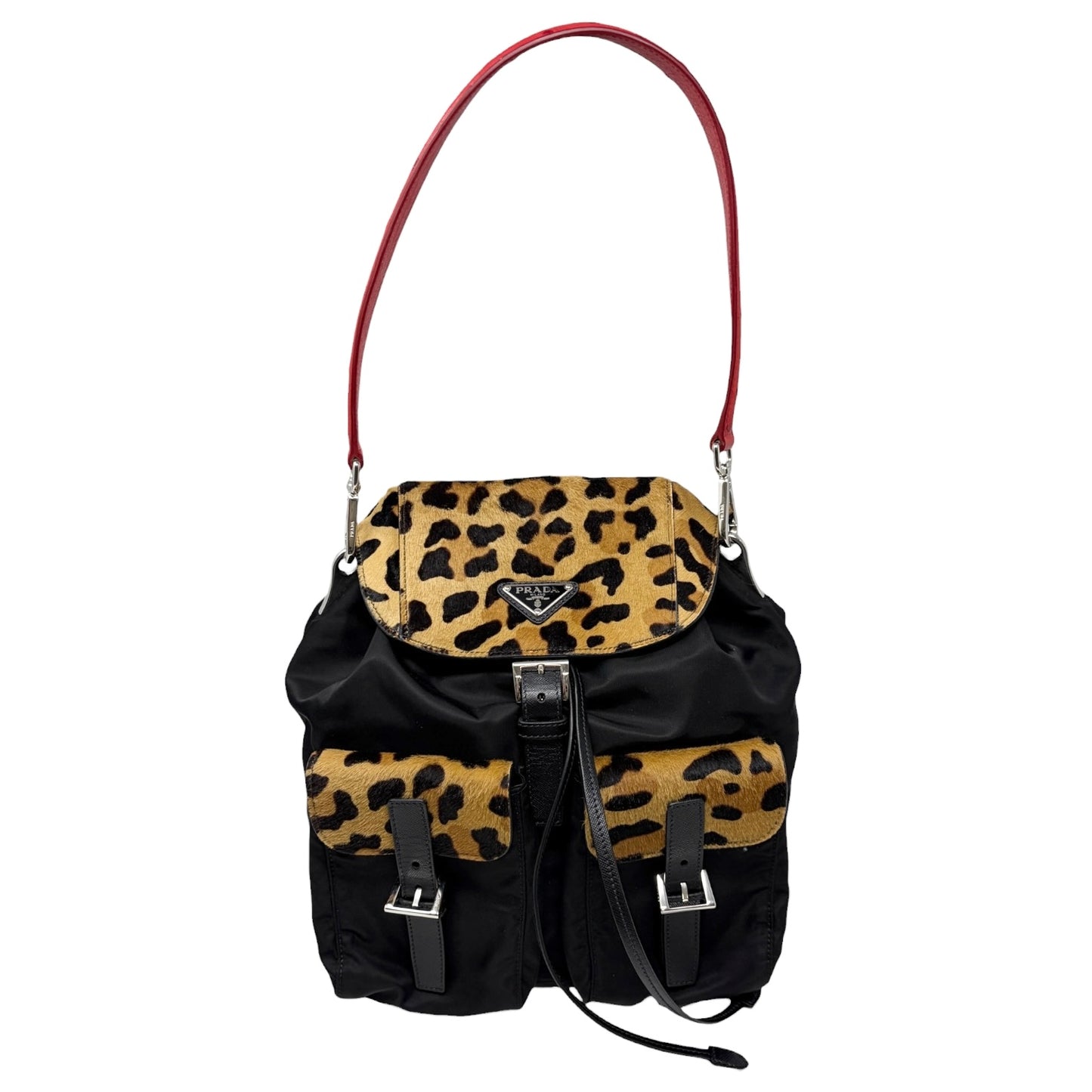PRADA Vintage Leopard Calf Hair Shoulder Bag Black Nylon Leather Pony 800203