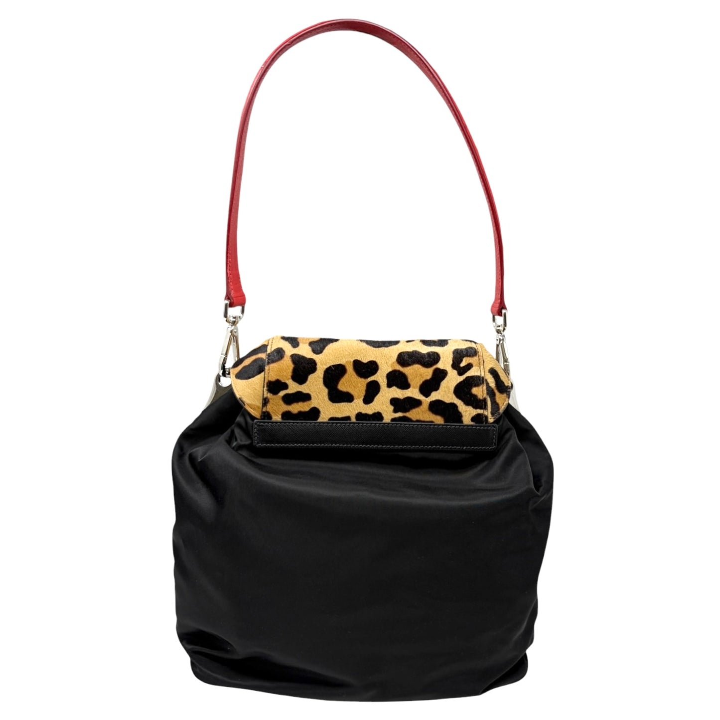 PRADA Vintage Leopard Calf Hair Shoulder Bag Black Nylon Leather Pony 800203