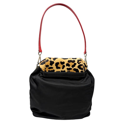 [Exclusive] PRADA Vintage Leopard Calf Hair Shoulder Bag Black Nylon Leather Pony 800203