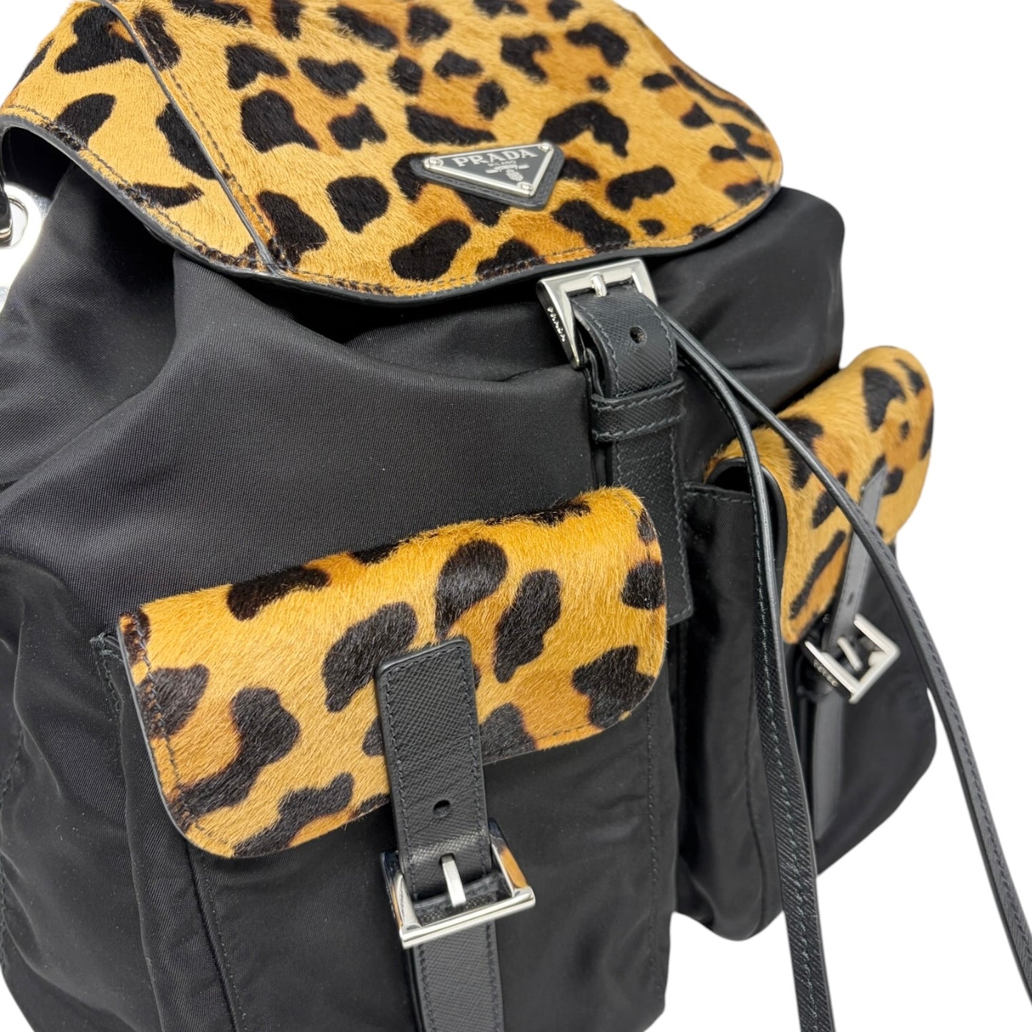 PRADA Vintage Leopard Calf Hair Shoulder Bag Black Nylon Leather Pony 800203