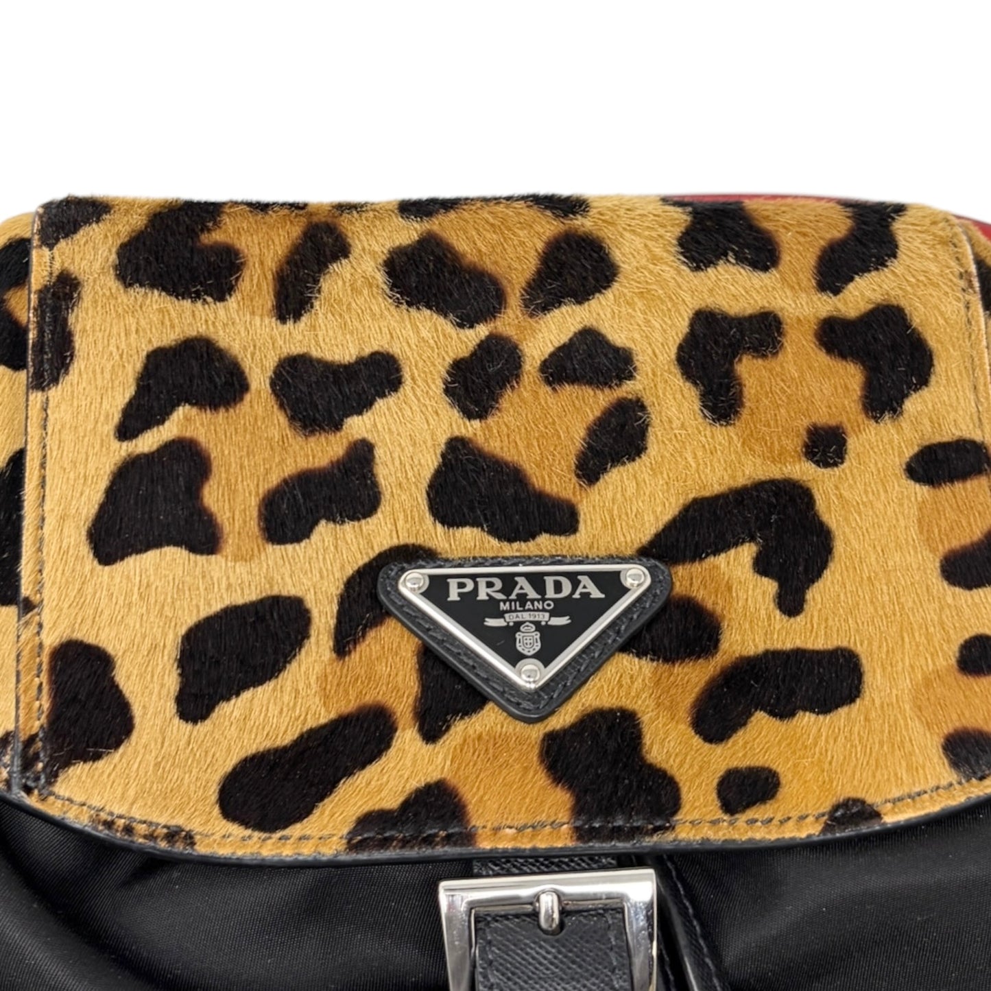 PRADA Vintage Leopard Calf Hair Shoulder Bag Black Nylon Leather Pony 800203