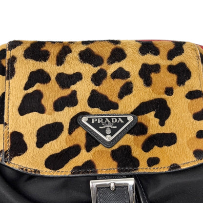 [Exclusive] PRADA Vintage Leopard Calf Hair Shoulder Bag Black Nylon Leather Pony 800203
