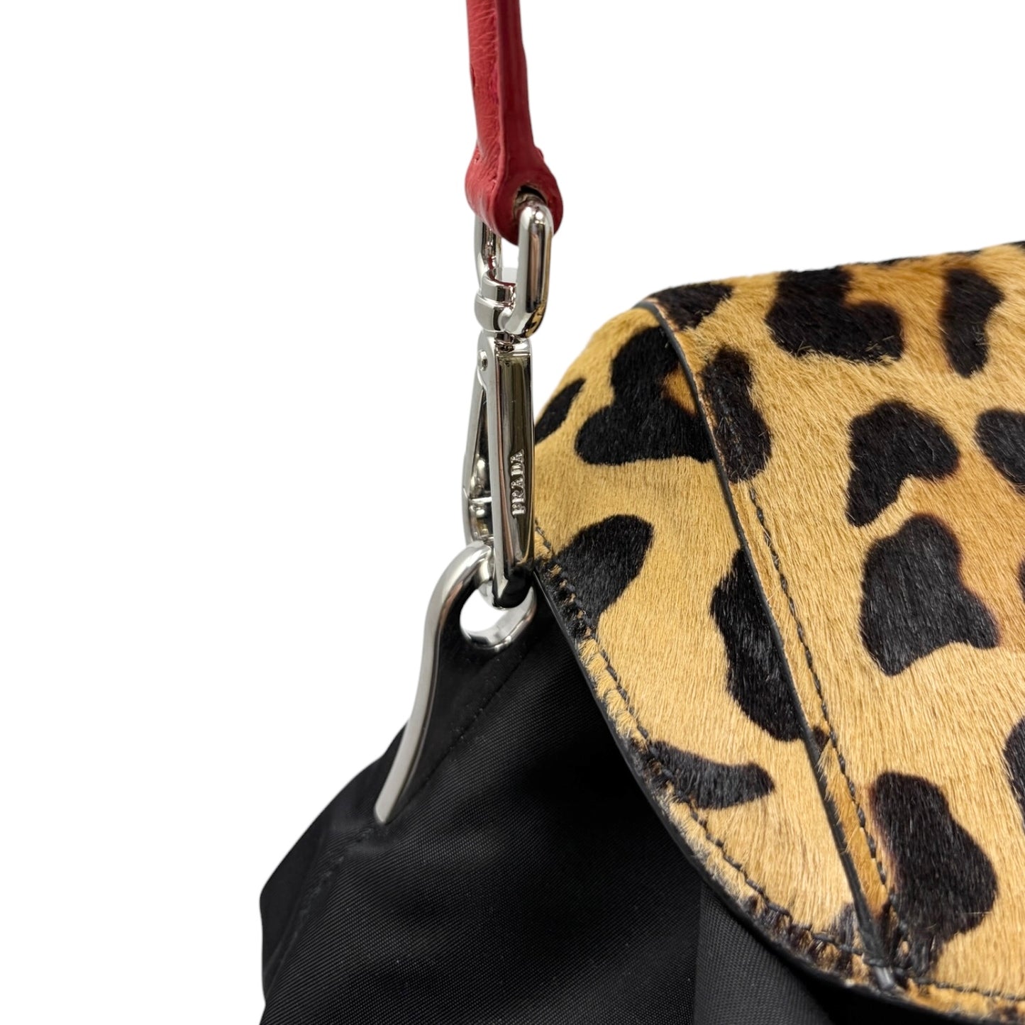PRADA Vintage Leopard Calf Hair Shoulder Bag Black Nylon Leather Pony 800203