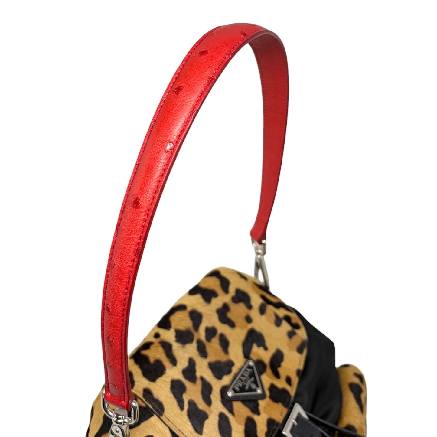 PRADA Vintage Leopard Calf Hair Shoulder Bag Black Nylon Leather Pony 800203