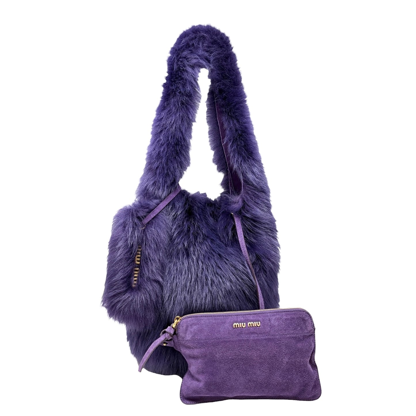 [Exclusive] miu miu Vintage Fur Charm Bag Pouch Set Purple Gold Logo 800300
