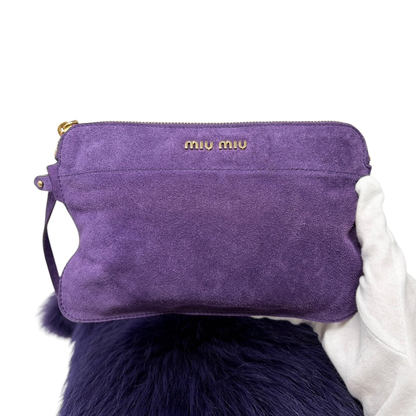 [Exclusive] miu miu Vintage Fur Charm Bag Pouch Set Purple Gold Logo 800300