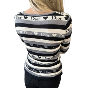 Christian Dior Vintage Logo Knit Top #42 Gray Black Heart Wool Stripe Rank B