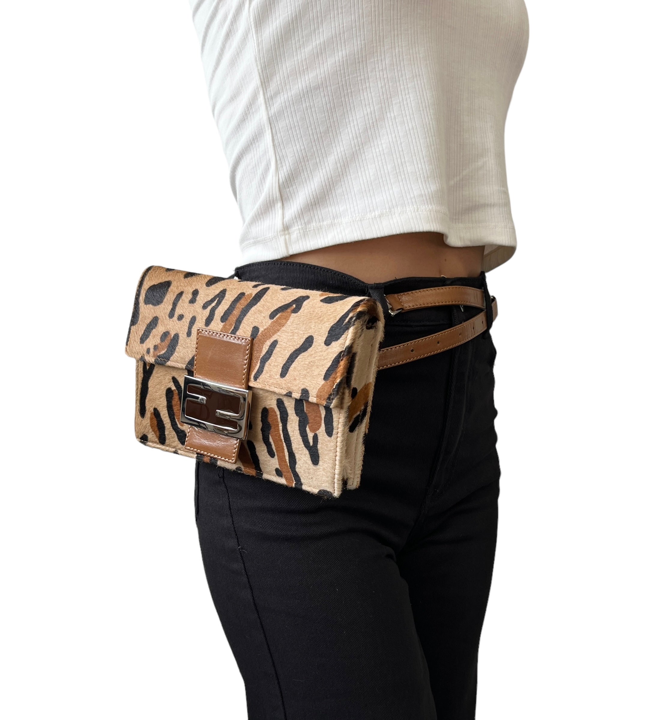 FENDI Vintage FF Logo Mamma Baguette Waist Bag Leopard Brown Calf Hair Rank AB