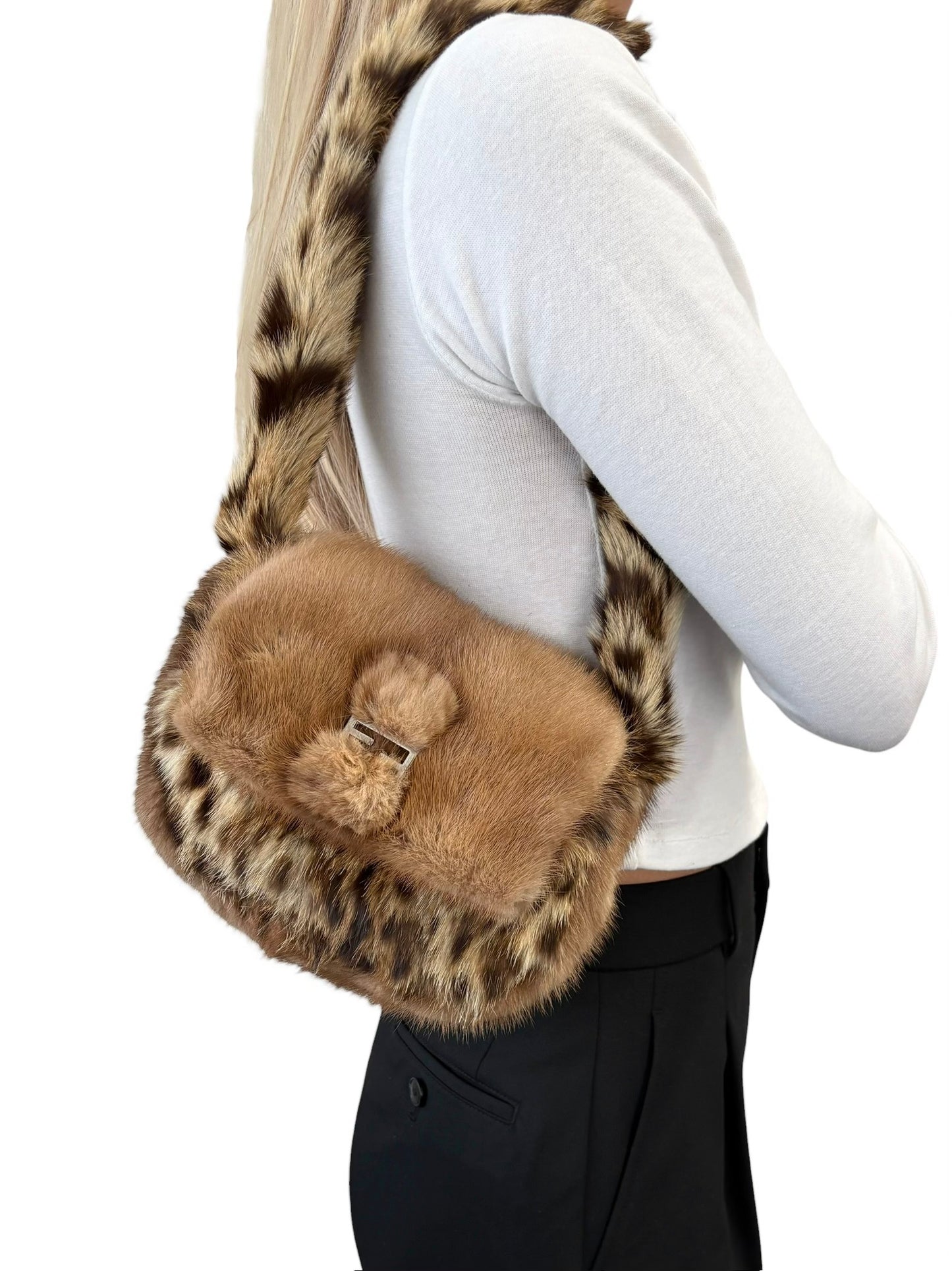 [Exclusive] FENDI Vintage FF Logo Leopard Fur Shoulder Bag Baguette Brown Leather 800002