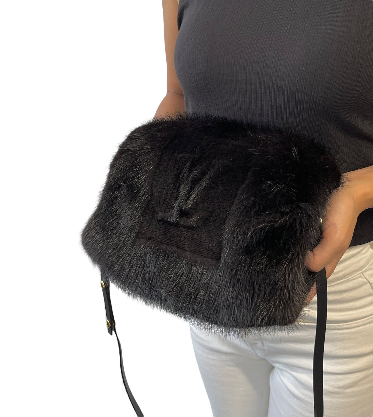 [Exclusive] LOUIS VUITTON Vintage Logo Hand Warmer Bag Mink Fur Black 800102
