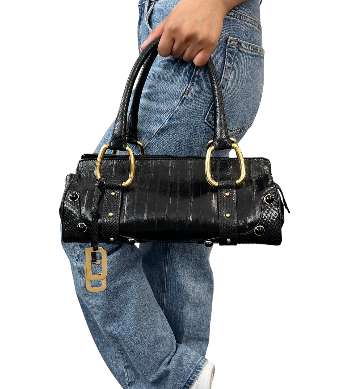 【Exclusive】DOLCE&GABBANA Vintage DG Logo Leather Tote Bag Black Gold 800808
