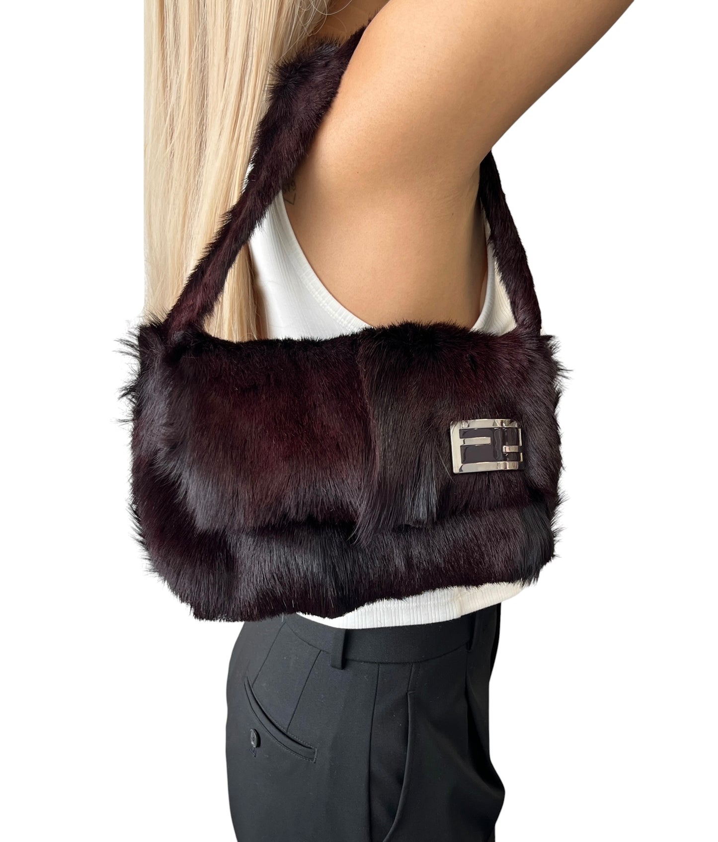 【Exclusive】FENDI Vintage FF Logo Mamma Baguette Fur Shoulder Bag Brown Silver 800205