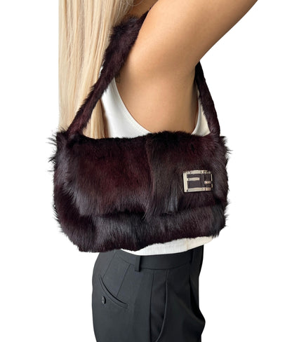 [Exclusive] FENDI Vintage FF Logo Mamma Baguette Fur Shoulder Bag Brown Silver 800205