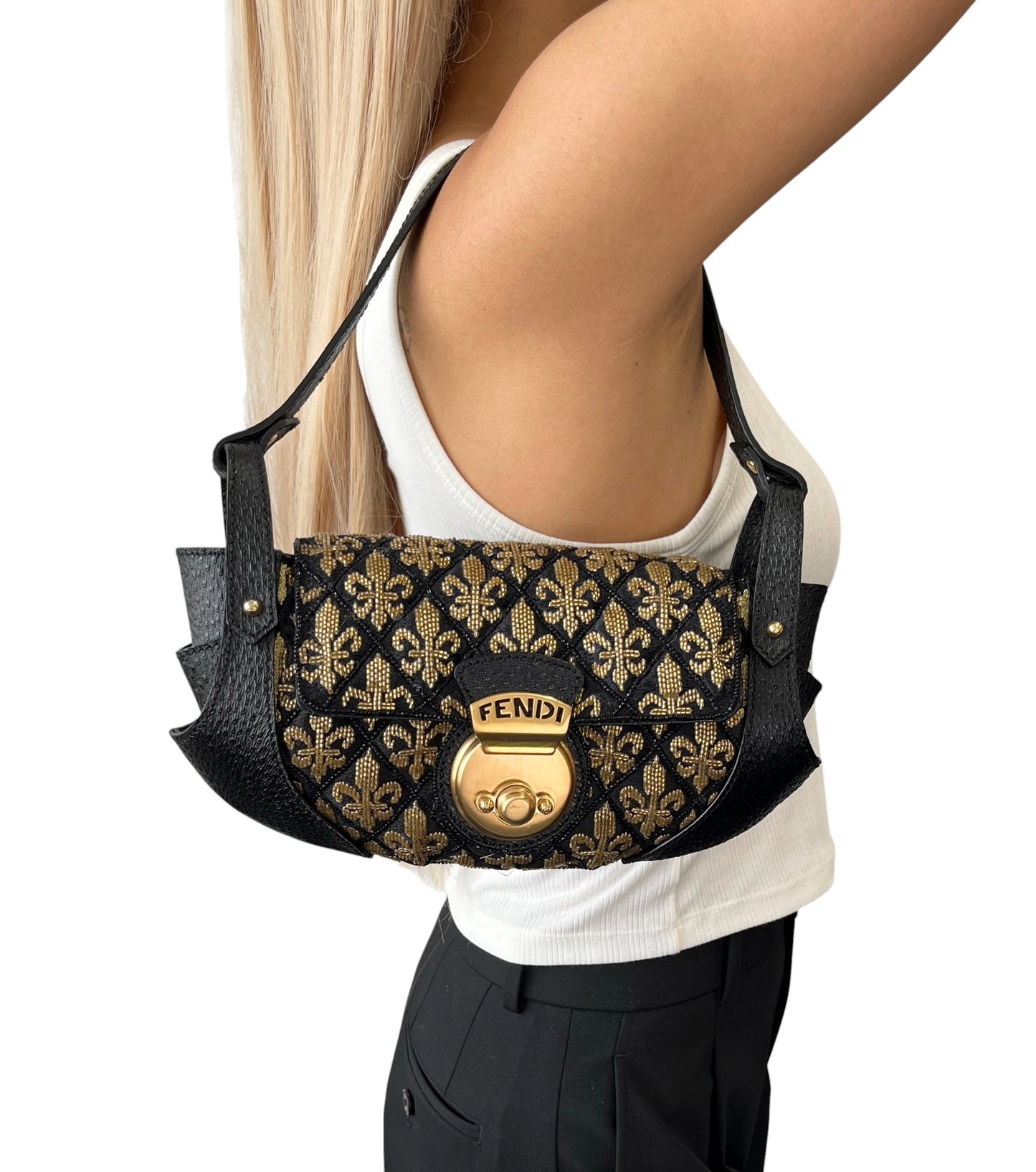 【Exclusive】FENDI Vintage FF Logo Jacquard Embroidered Shoulder Bag Black 800809