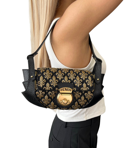 [Excluseve] FENDI Vintage FF Logo Jacquard Embroidered Shoulder Bag Black 800809