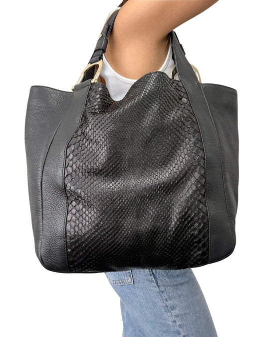 [Exclusive] GUCCI Vintage Greenwich Python Tote Shoulder Bag Black Gold Leather 800106