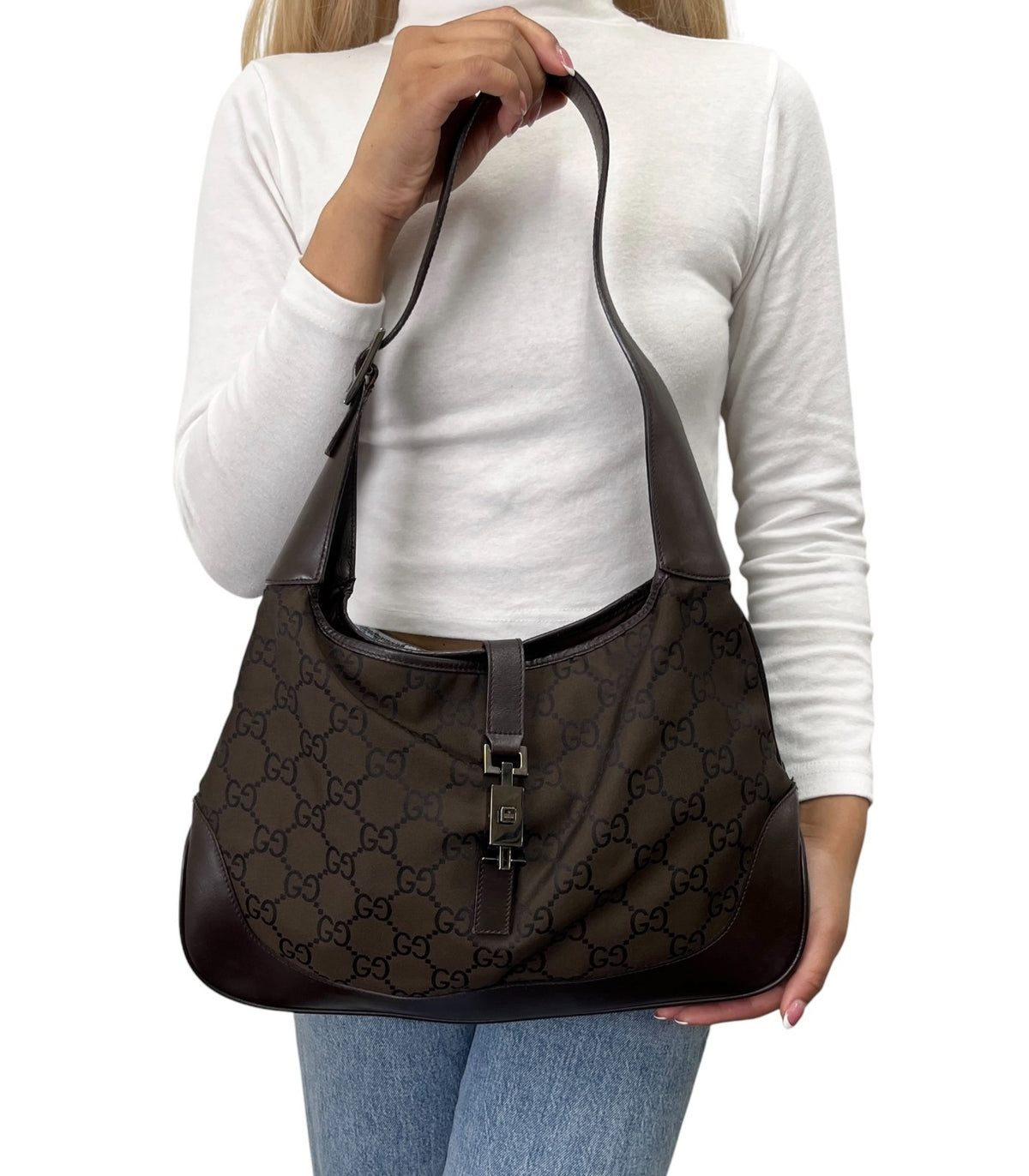GUCCI Vintage Logo Jackie Shoulder Bag Dark Brown Silver Canvas Leather 902341