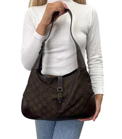 GUCCI Vintage Logo Jackie Shoulder Bag Dark Brown Silver Canvas Leather 902341