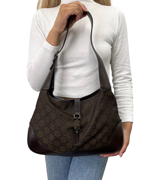 GUCCI Vintage Logo Jackie Shoulder Bag Dark Brown Silver Canvas Leather 902341