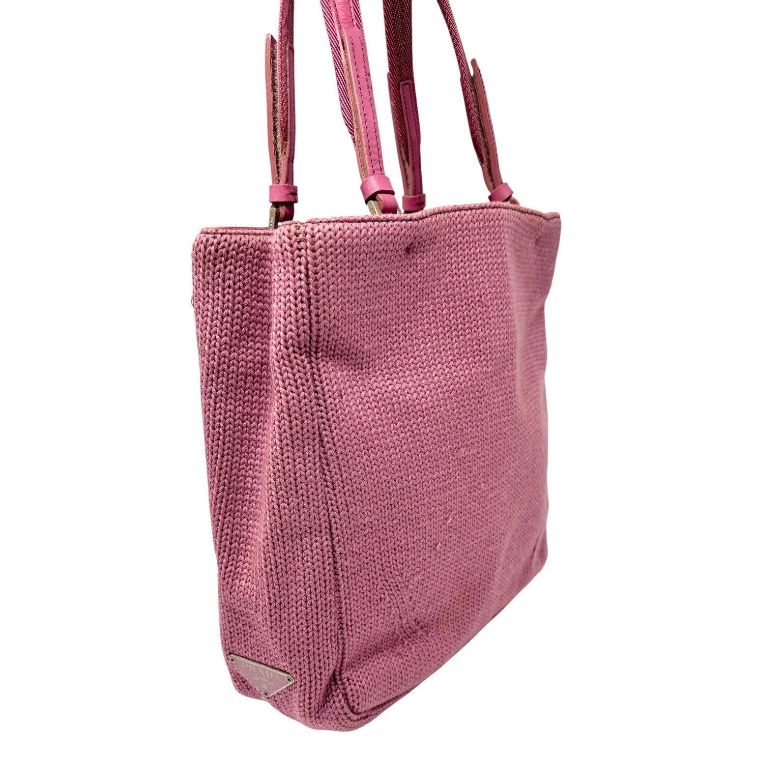 PRADA Vintage Logo Knit Tote Bag Shoulder Bag Pink Silver Wool Leather