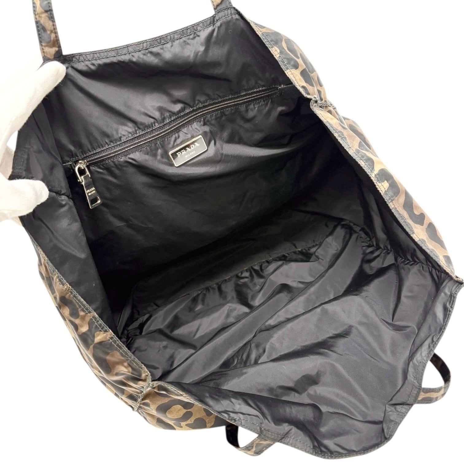 PRADA Vintage Logo Leopard Tote Shoulder Bag Khaki Black Silver Nylon Leather