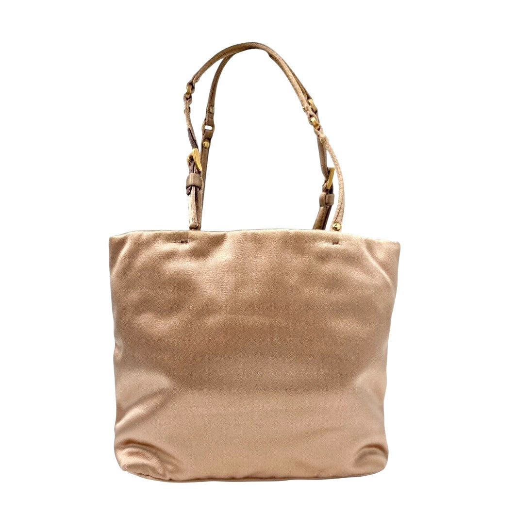 PRADA Vintage Triangle Logo Mini Tote Bag HandBag Pochette Beige Gold Satin