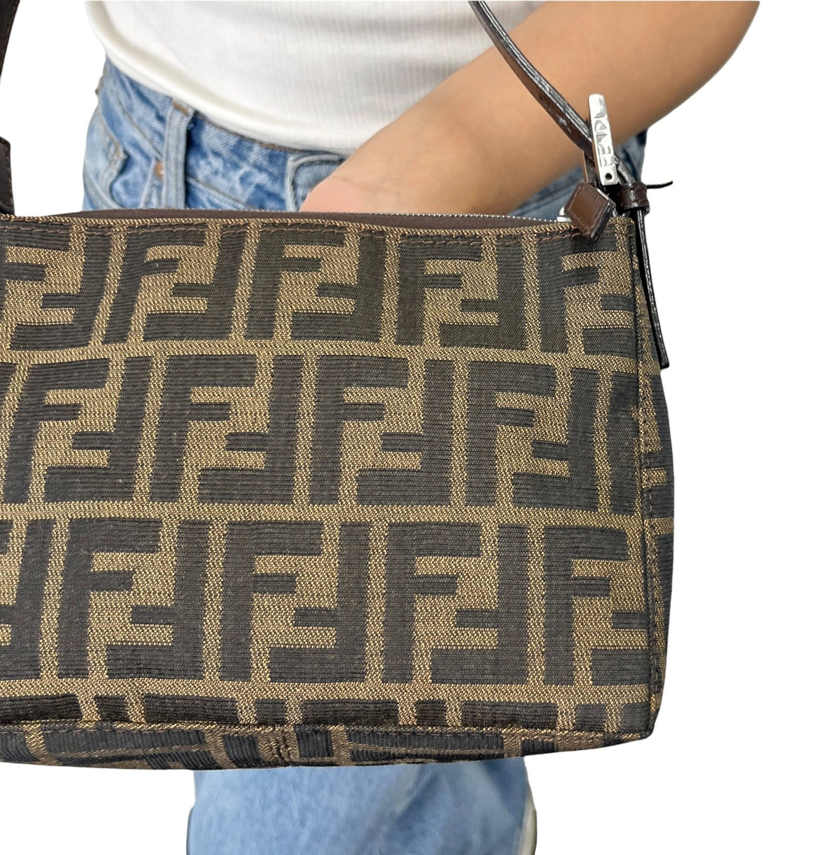 FENDI Vintage FF Logo Zucca Mini Shoulder Bag Beige Brown Pochette 902338