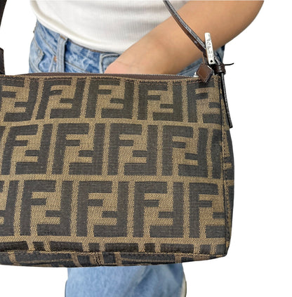 FENDI Vintage FF Logo Zucca Mini Shoulder Bag Beige Brown Pochette 902338