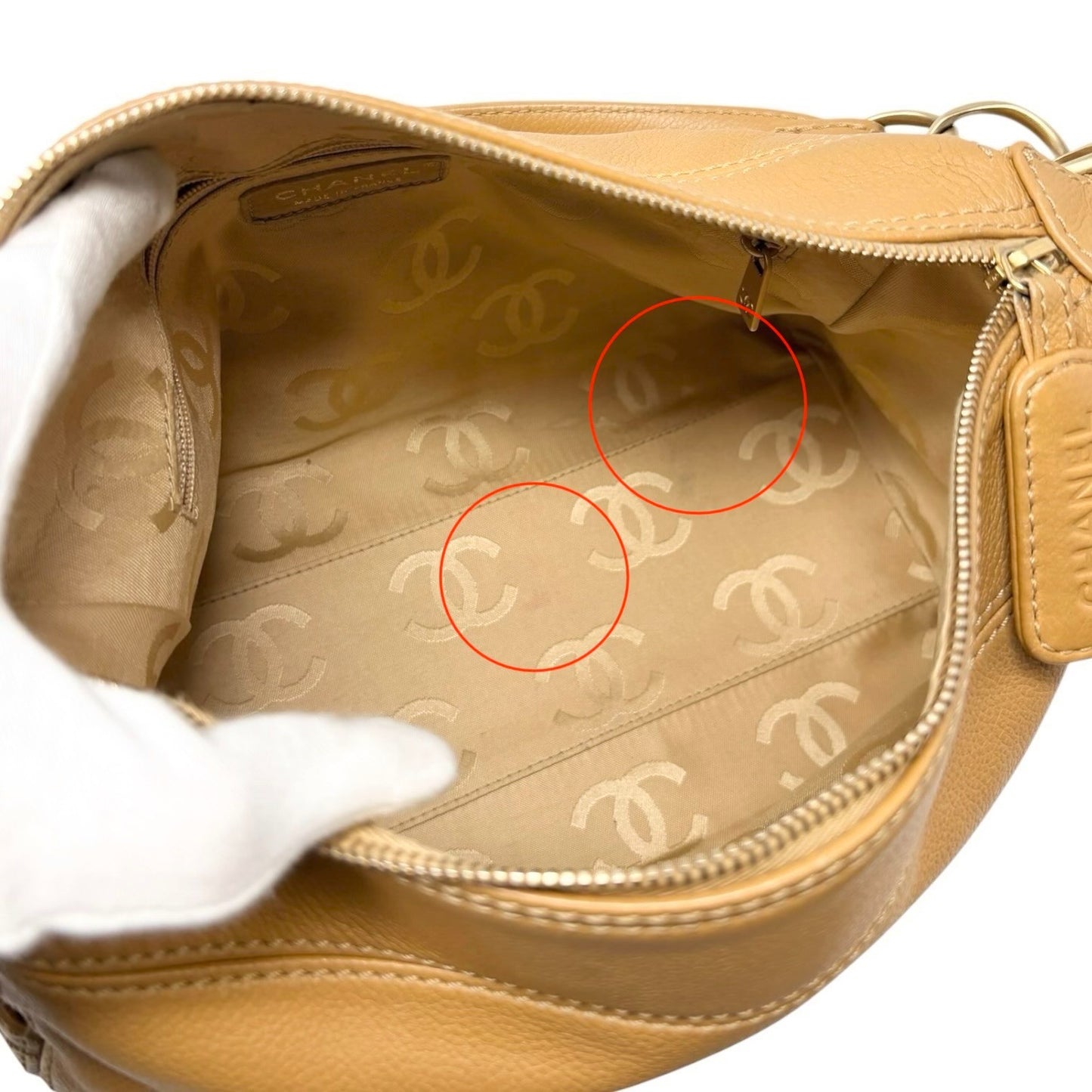 CHANEL Vintage Big CC Logo Leather Shoulder Hobo Bag Beige Gold Stitch Chain