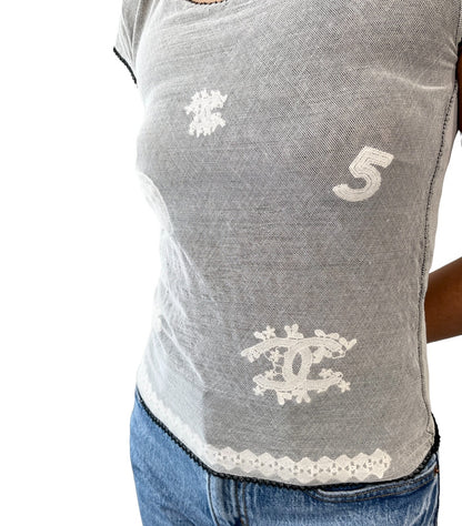 CHANEL Vintage 04P CC Logo Mesh Top #34 Cotton Spandex White Black Short Sleeve