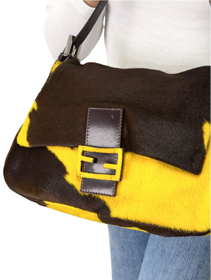FENDI Vintage FF Mamma Baguette Cow Pony Calf Hair Bag Yellow Brown 902908