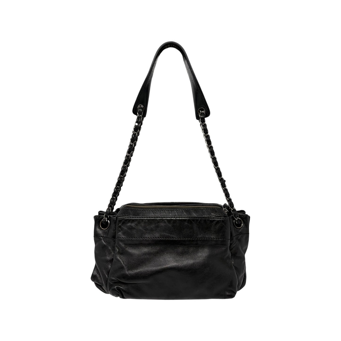 CHANEL Vintage Logo Plate Chain Shoulder Bag Black Silver Leather 902441