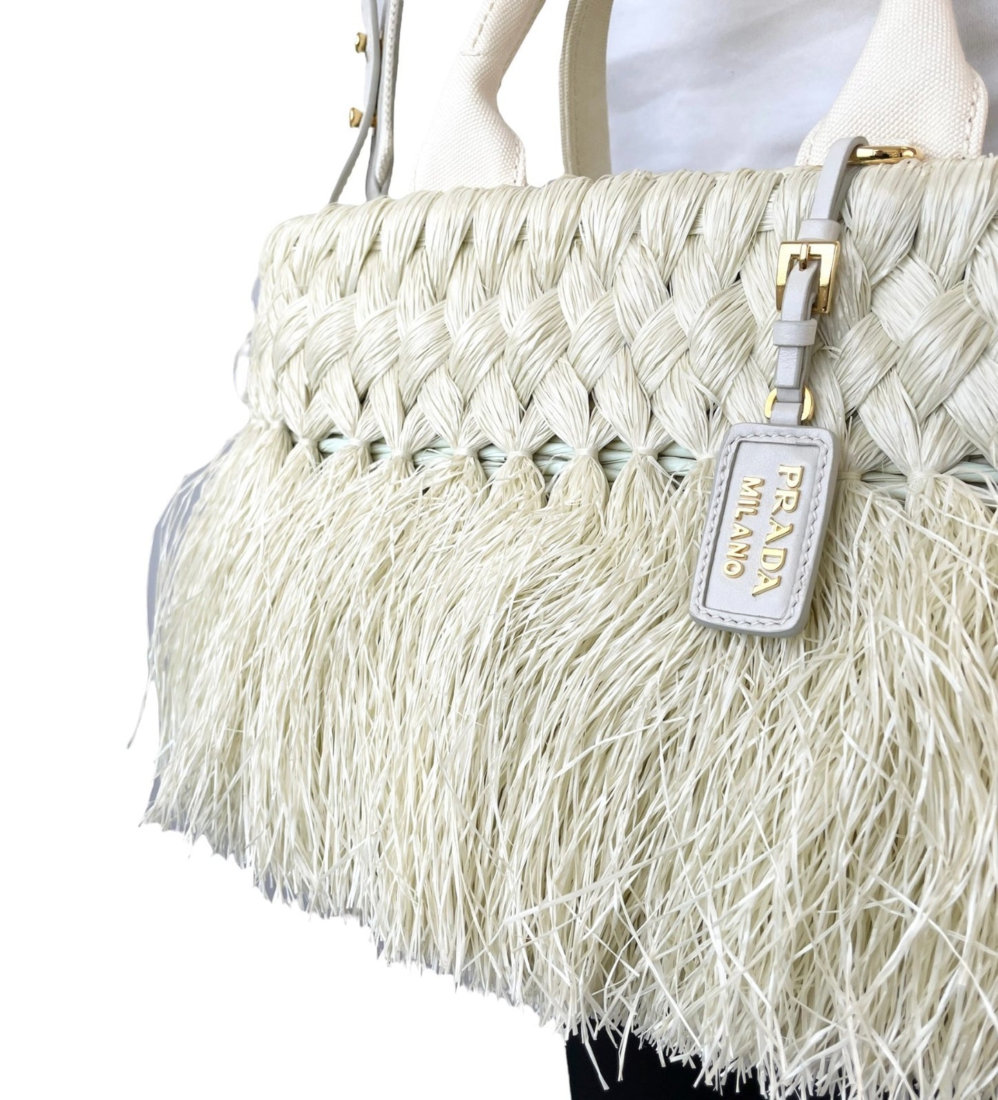 PRADA Vintage Fringe Raffia Straw Tote Crossbody Bag 2way Cream Gold 902091