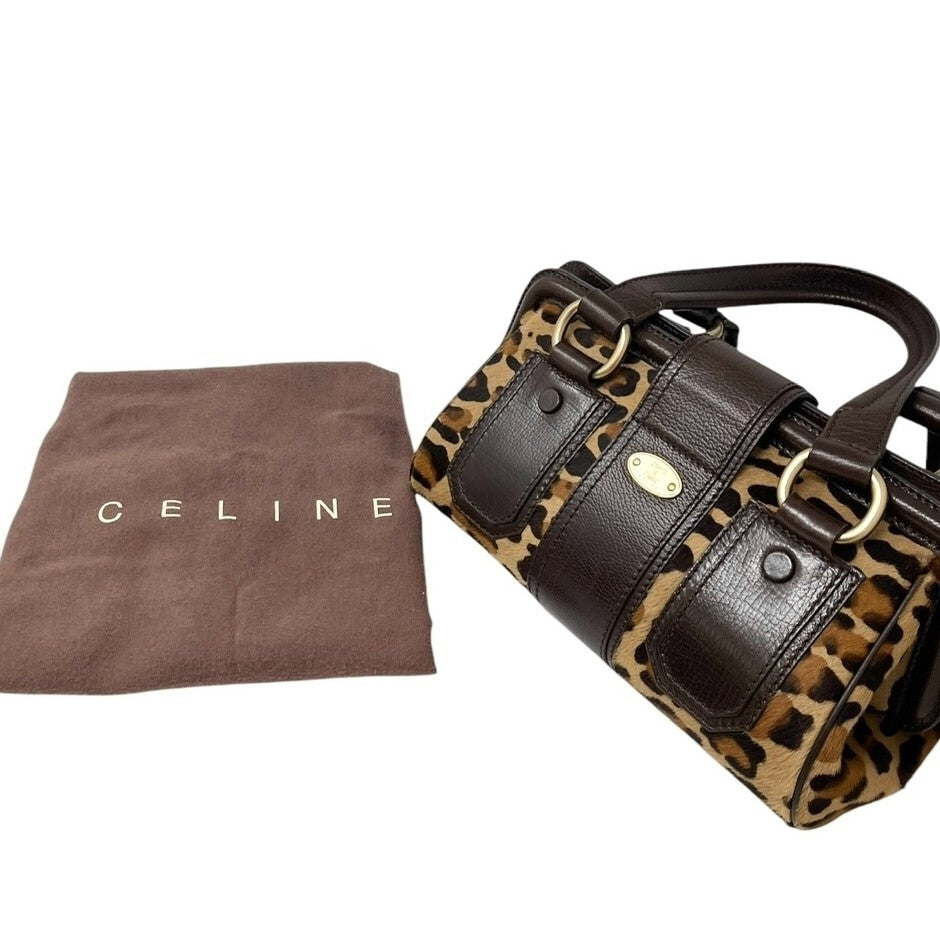 CELINE Vintage Macadam Logo Leopard Shoulder Bag Brown Beige Calf Hair Leather