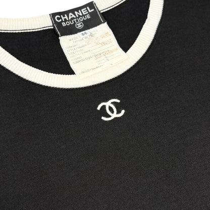 CHANEL Vintage 95C CC Logo Knit Mini Dress Short Sleeve #36 Black White 901285