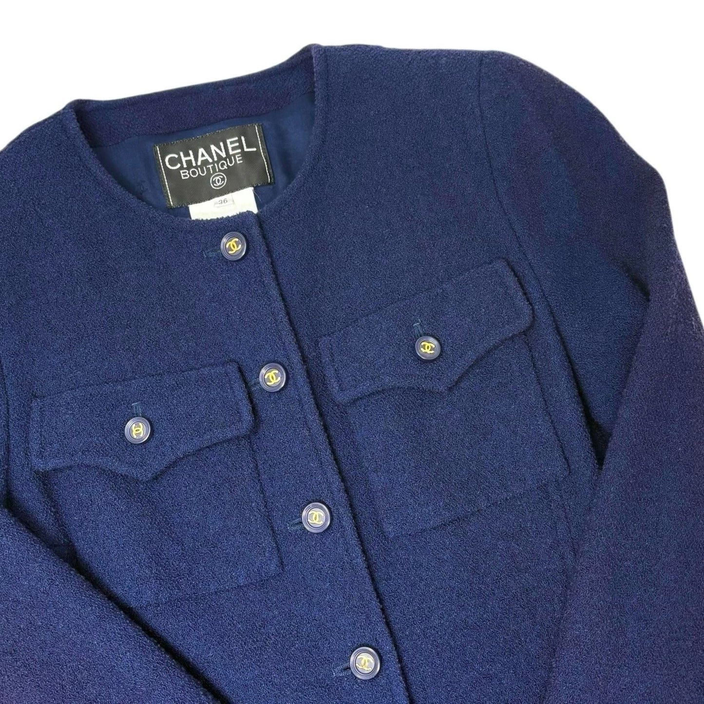 CHANEL Vintage 95A CC Logo Gold Button Collarless Jacket #36 Dark Blue Wool