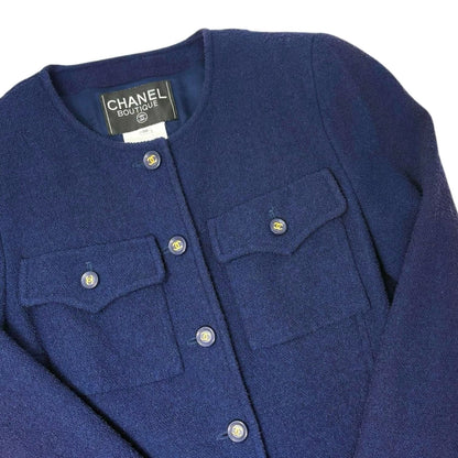 CHANEL Vintage 95A CC Logo Gold Button Collarless Jacket #36 Dark Blue Wool